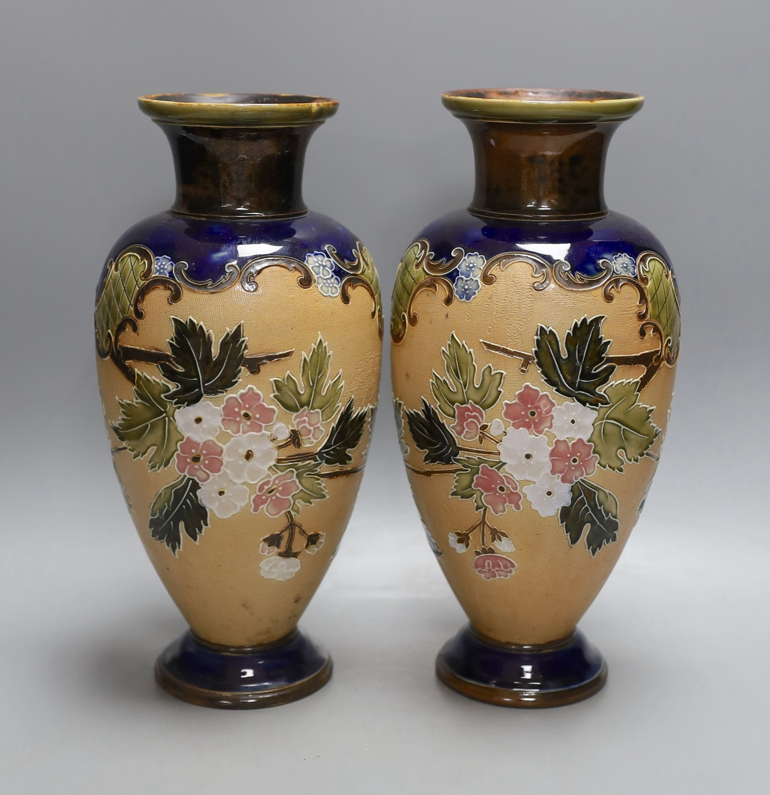 A pair of Doulton Lambeth vases, c.1900, 30cm tall